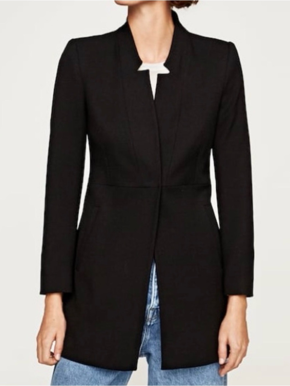 Zara Basic Collection Inverted Lapel Frock Coat | Black Tailored Blazer | Large